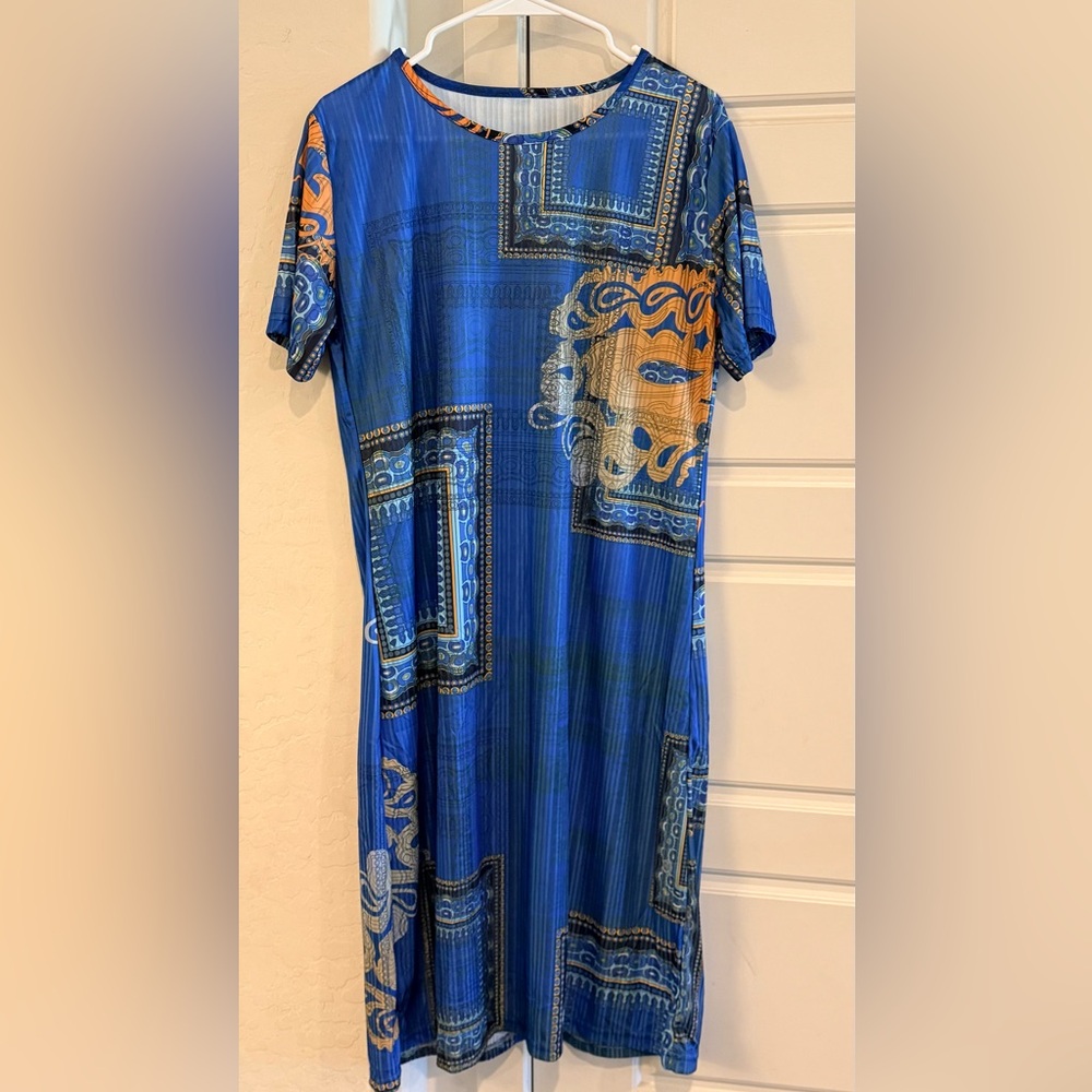 Vibrant Blue and Gold Silk Comfy Dress